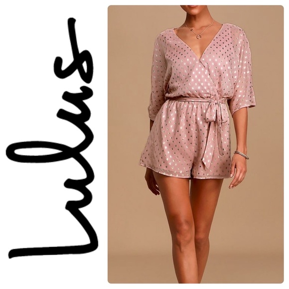 Lulus Pants - Lulus Womens S Pink Gold Metallic Polka Dot‎ Wrap Romper Kimono Sleeve Tie Waist